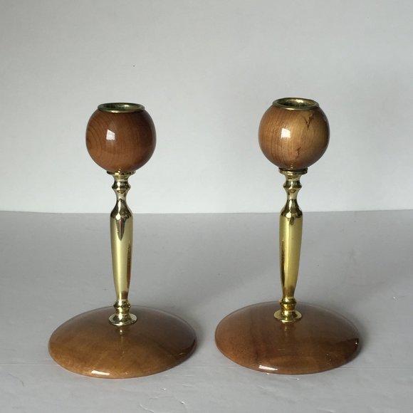 Other - MCM Brown Wood & Gold Metal Candle Sticks Holders